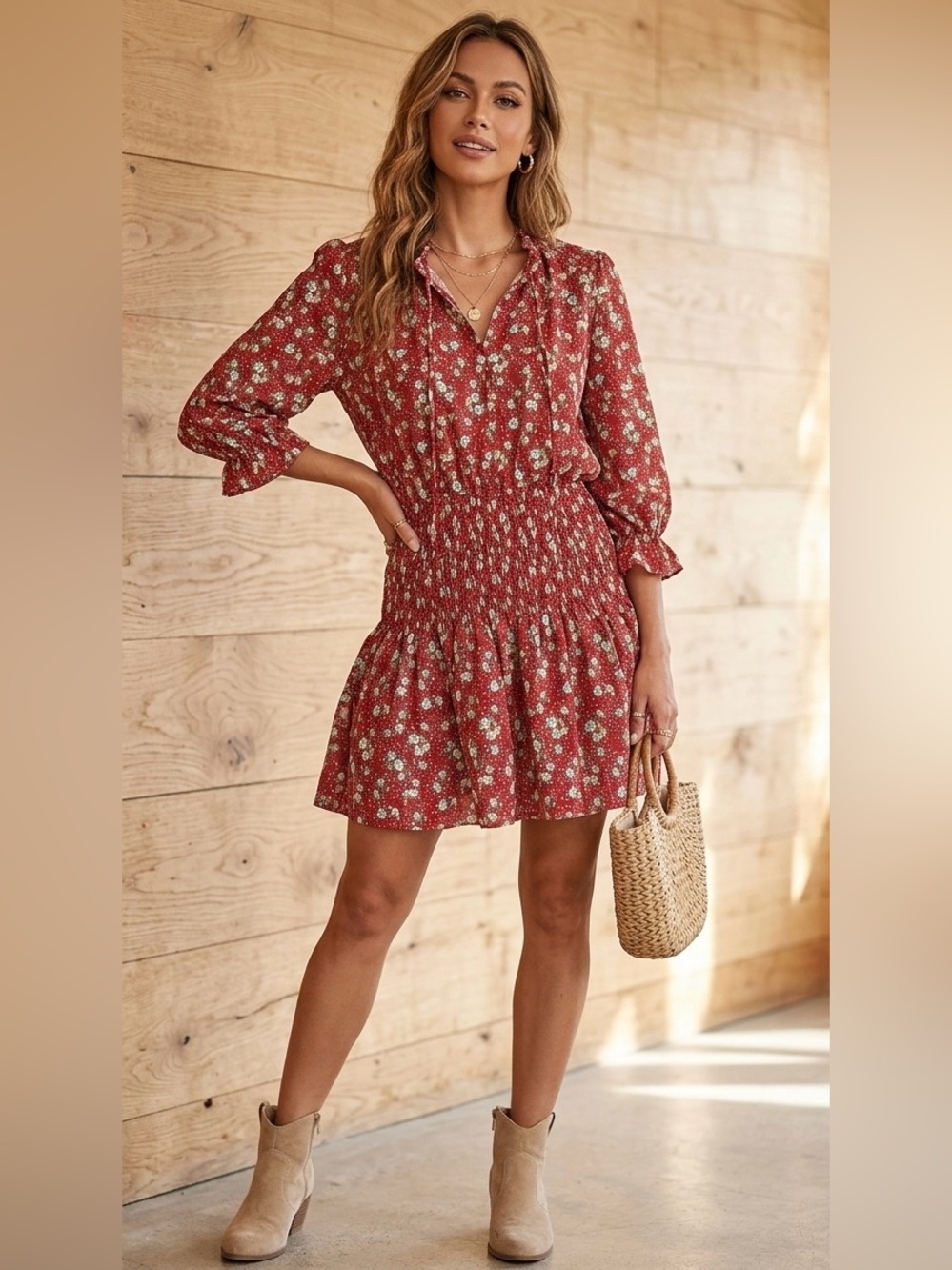 Entro Red Ditsy Floral Smocked Mini Dress Cottagecore Boho Ruffle Neck ~S